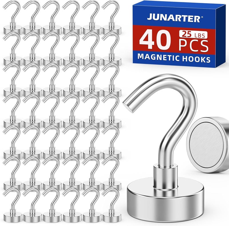 Junarter Magnetic Hooks, 40 Pack Magnetic Hooks for Cruise Cabins, 25lbs Magnet Hooks, Strong Magnetic Hook Heavy Duty, Magnets with Hook, Metal Magnetic Hook for Hanging, Refrigerator, Grill - Image 1